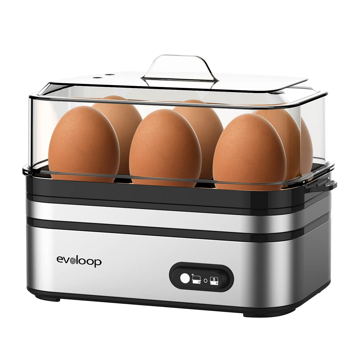 Evoloop Rapid Egg Cooker front view in compact kitchen for quick breakfasts.
