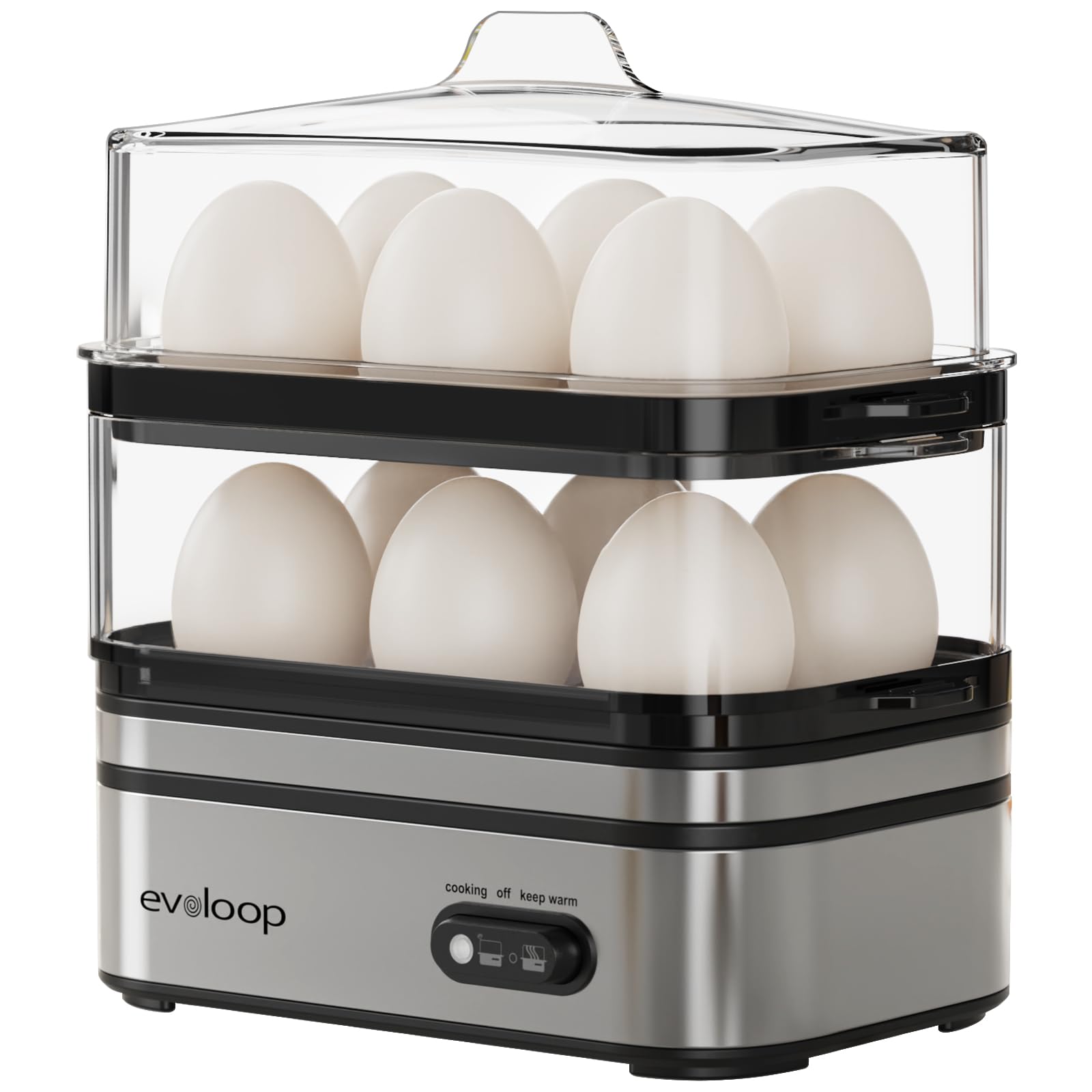 Evoloop Rapid Egg Cooker front view shows compact, stackable design for quick breakfasts.