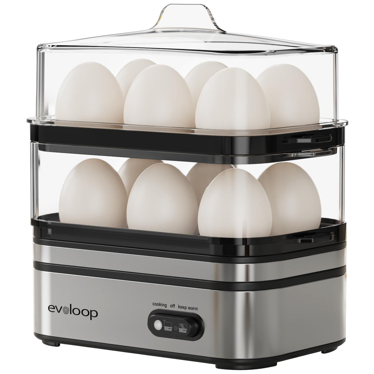 Evoloop Rapid Egg Cooker front view shows compact, stackable design for quick breakfasts.