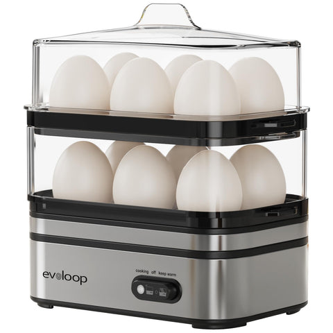 Evoloop Rapid Egg Cooker front view shows compact, stackable design for quick breakfasts.
