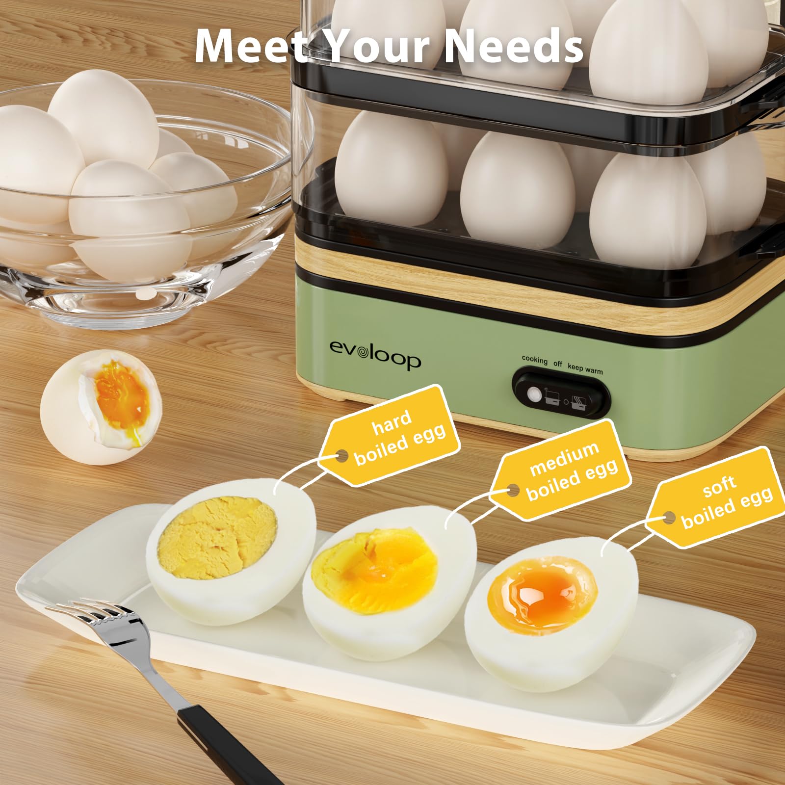 Evoloop Rapid Egg Cooker side view, clear lid for easy monitoring during cooking