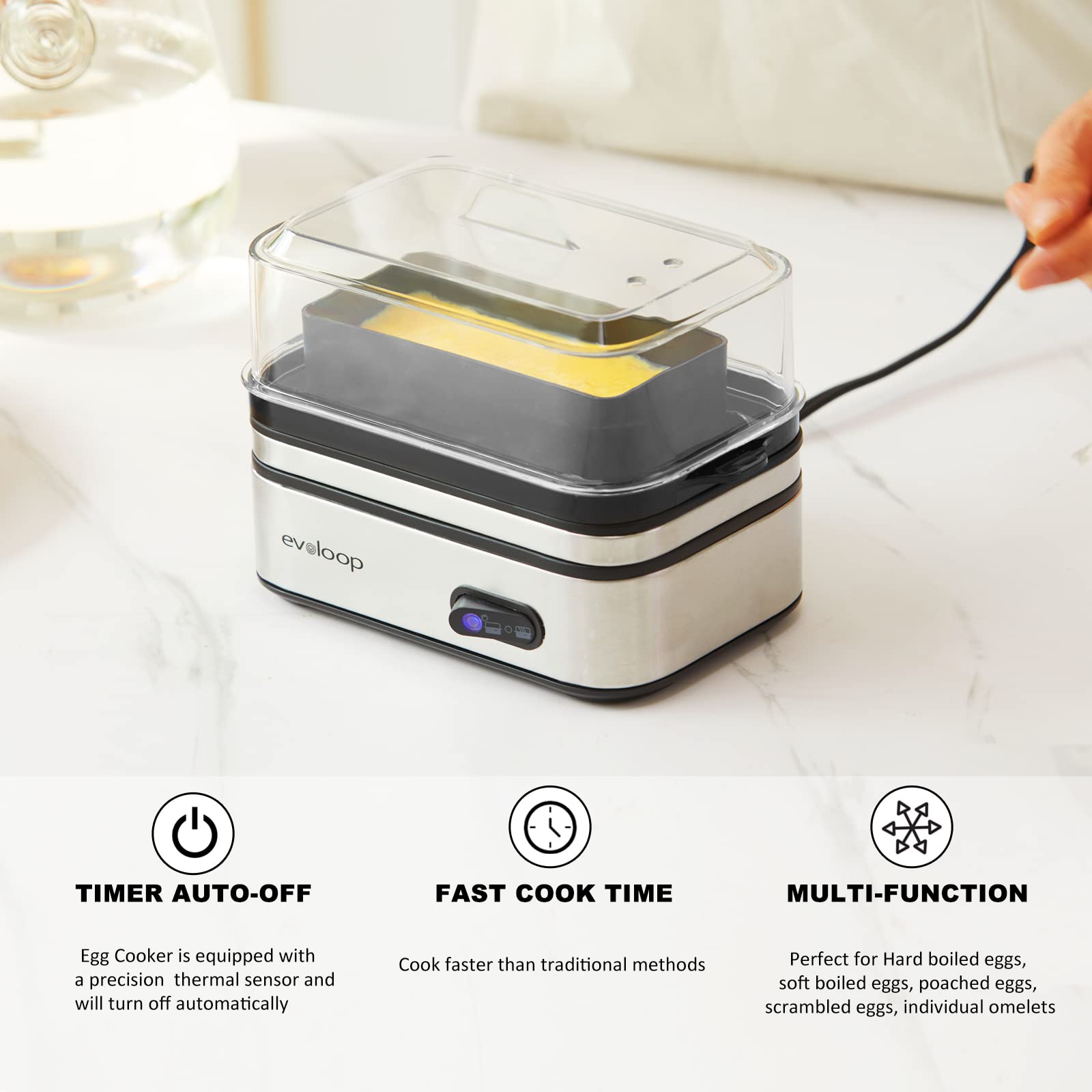 Evoloop Rapid Egg Cooker six-egg tray enables efficient meal prep.