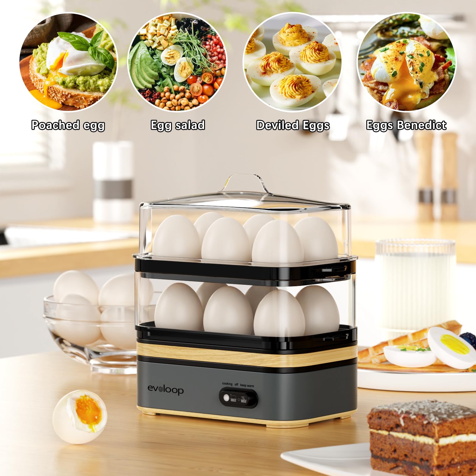 Evoloop two-layer egg-holder trays enable solo or family meals.