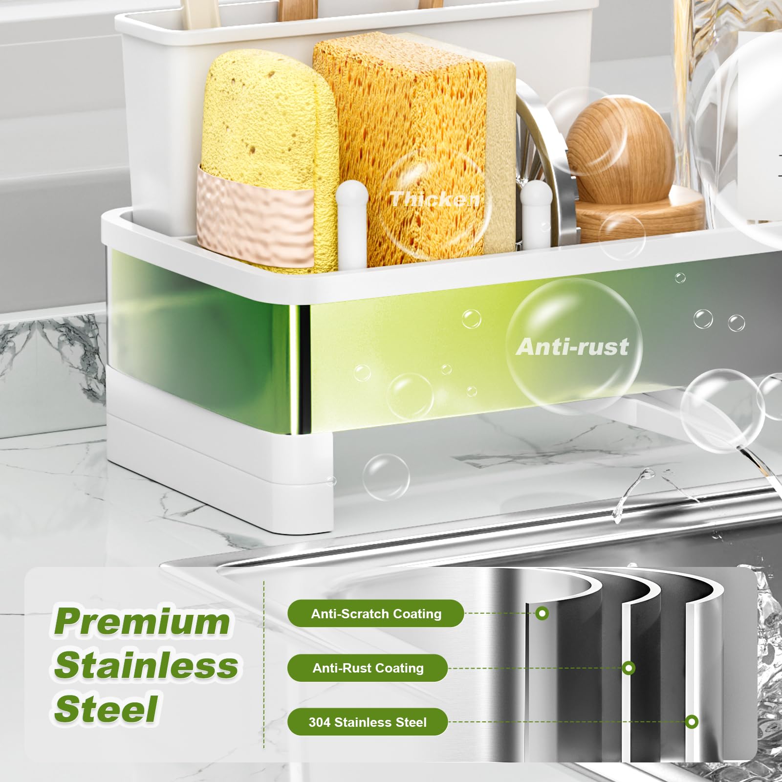 Ewaiira sink caddy 360° drainage directs water away, reducing countertop wetness