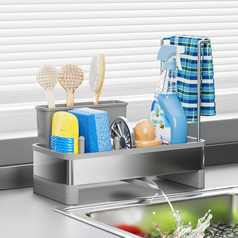 Ewaiira stainless steel sink caddy with a sleek finish organized for sponges and tools