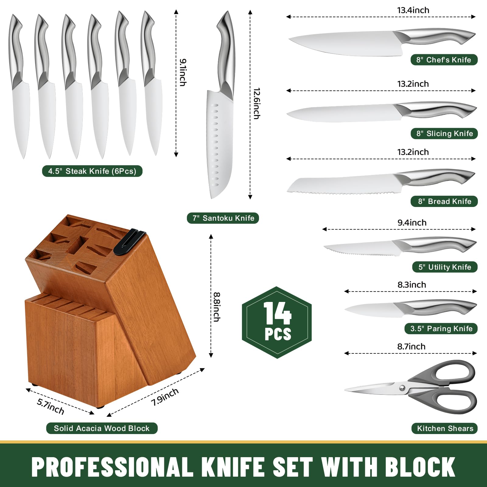EWFEN 14-piece knife set showcased for a complete kitchen toolkit.