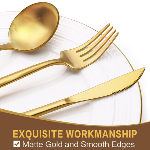 ewfen 30-piece gold silverware set displayed with knives and forks, durable for daily meals.
