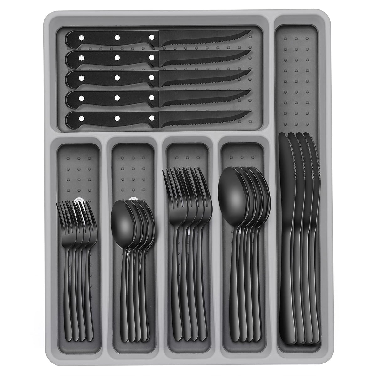 EWFEN 49-piece black silverware set in a table setting for daily dining elegance.
