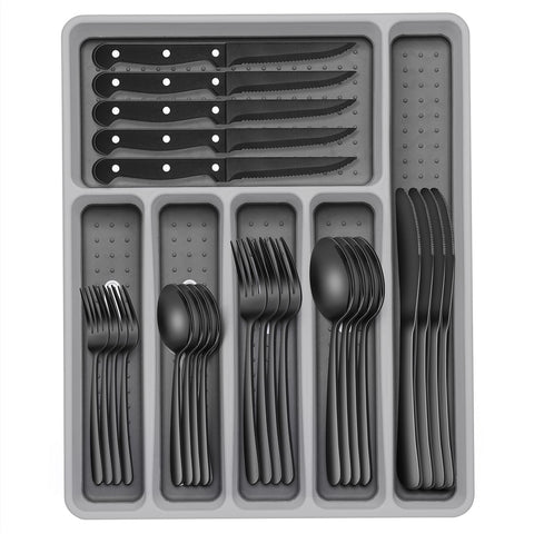 EWFEN 49-piece black silverware set in a table setting for daily dining elegance.