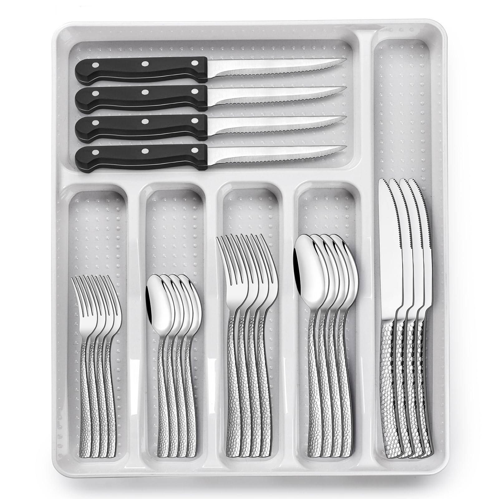 EWFEN 49-piece silverware set with organizer for eight guests, ideal for family meals.