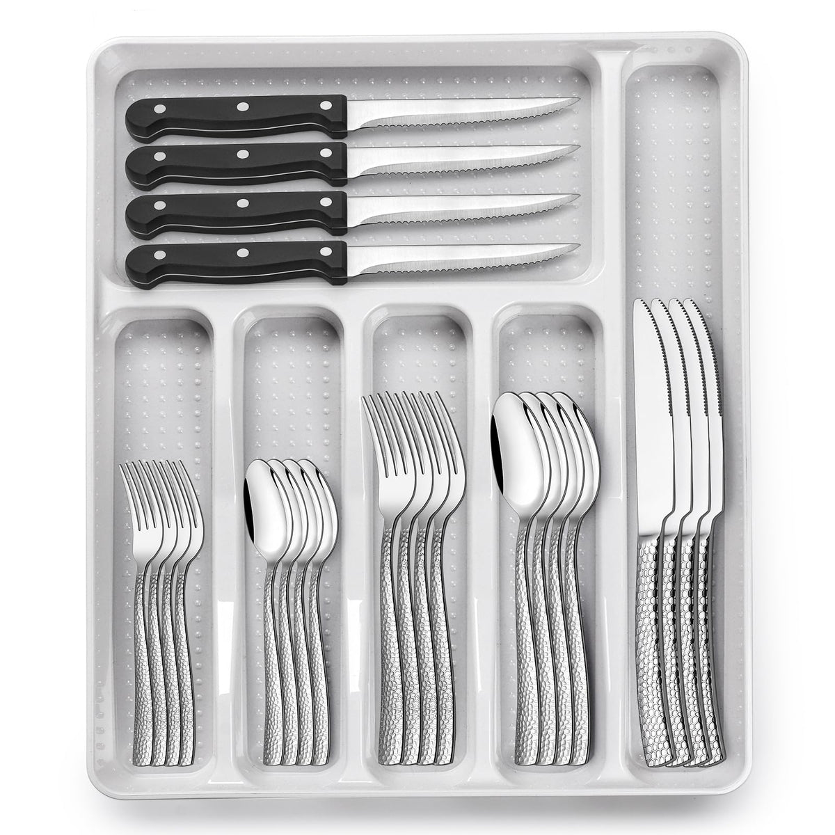 EWFEN 49-piece silverware set with organizer for eight guests, ideal for family meals.