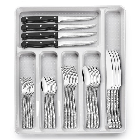 EWFEN 49-piece silverware set with organizer for eight guests, ideal for family meals.
