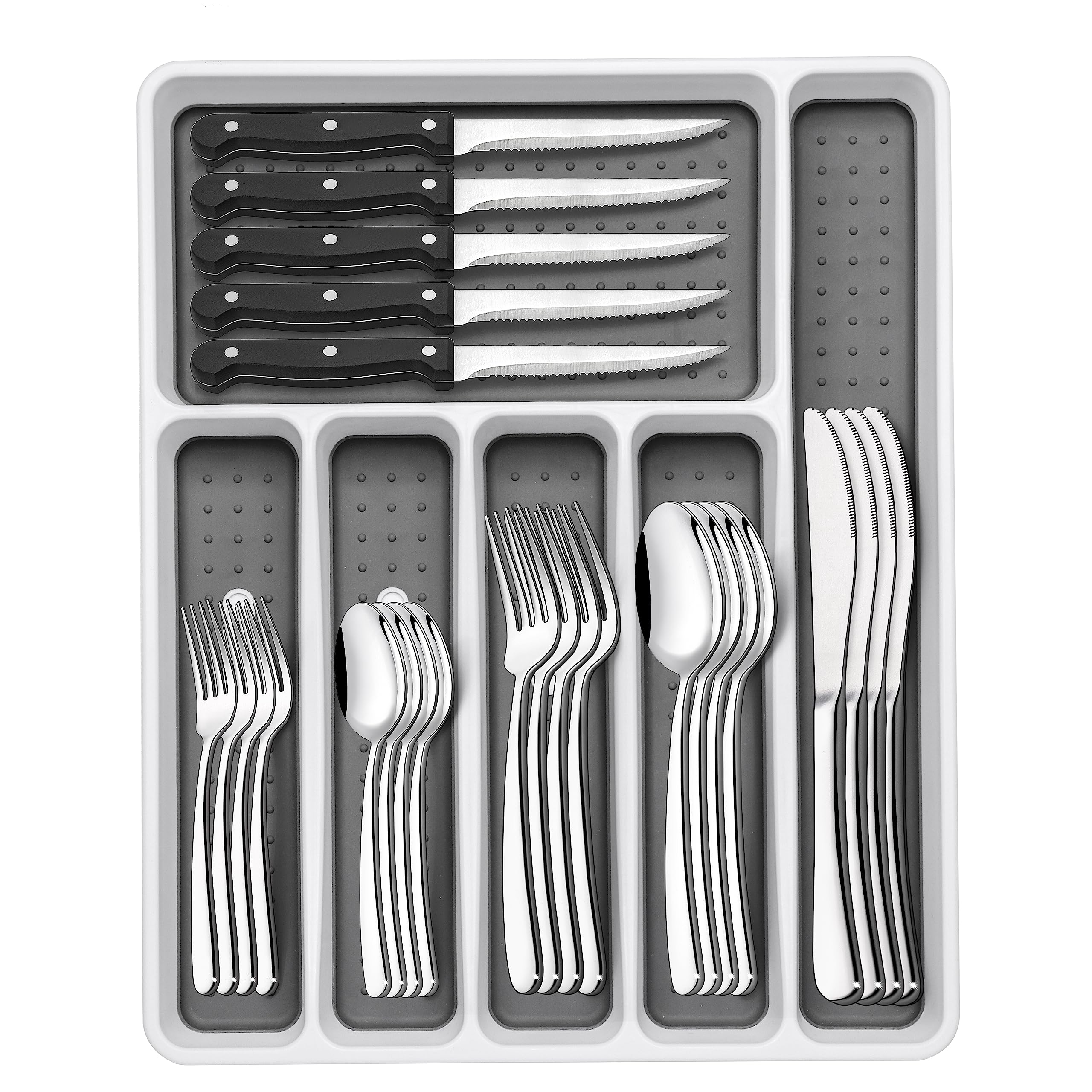 EWFEN 49-piece silverware set with a drawer organizer for organized storage.