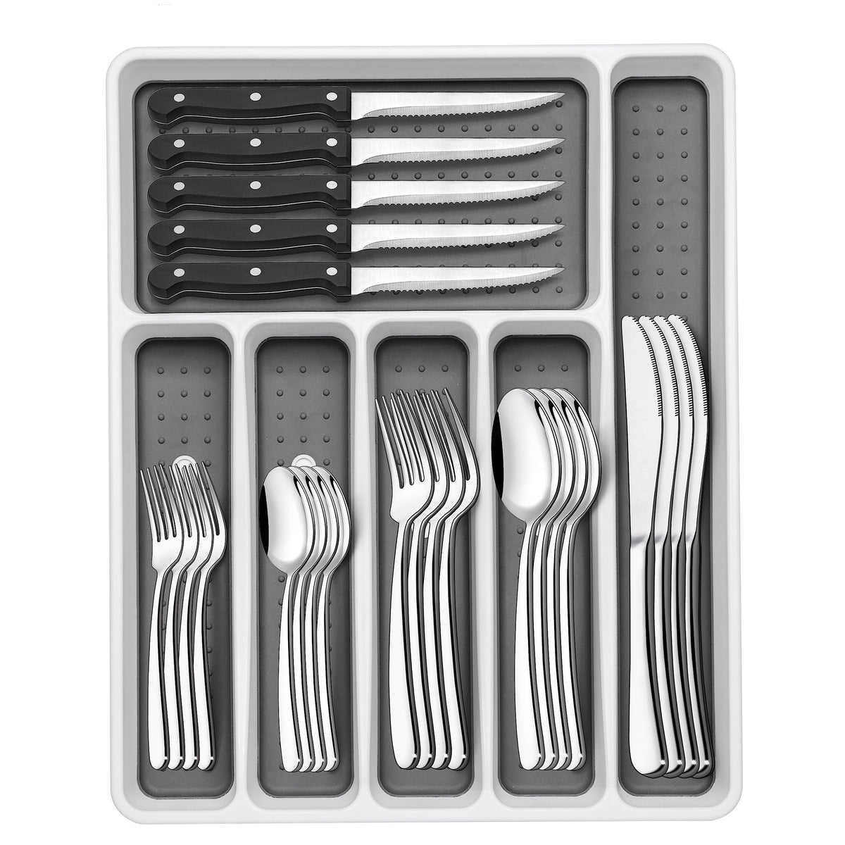 EWFEN 49-piece silverware set with a drawer organizer for organized storage.