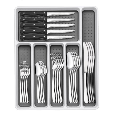 EWFEN 49-piece silverware set with a drawer organizer for organized storage.