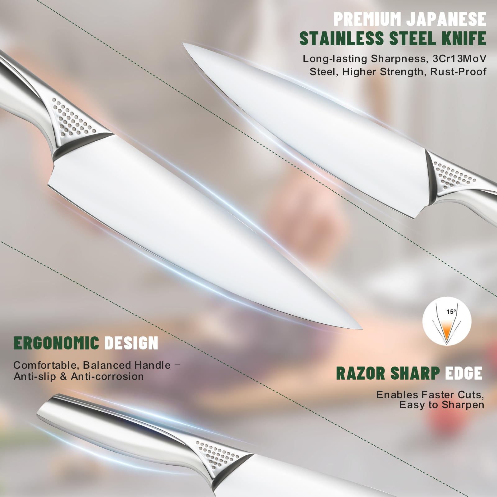 EWFEN 8-inch bread knife with serrated edge for clean cuts.