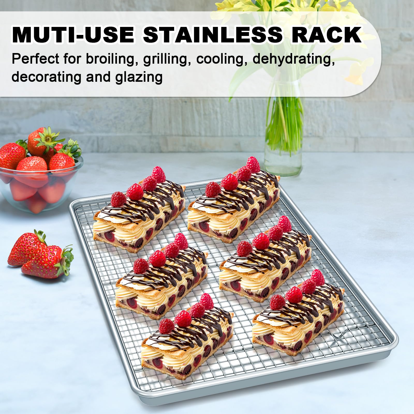 EWFEN heavy rolled-edge baking pan resists twisting at high oven temperatures