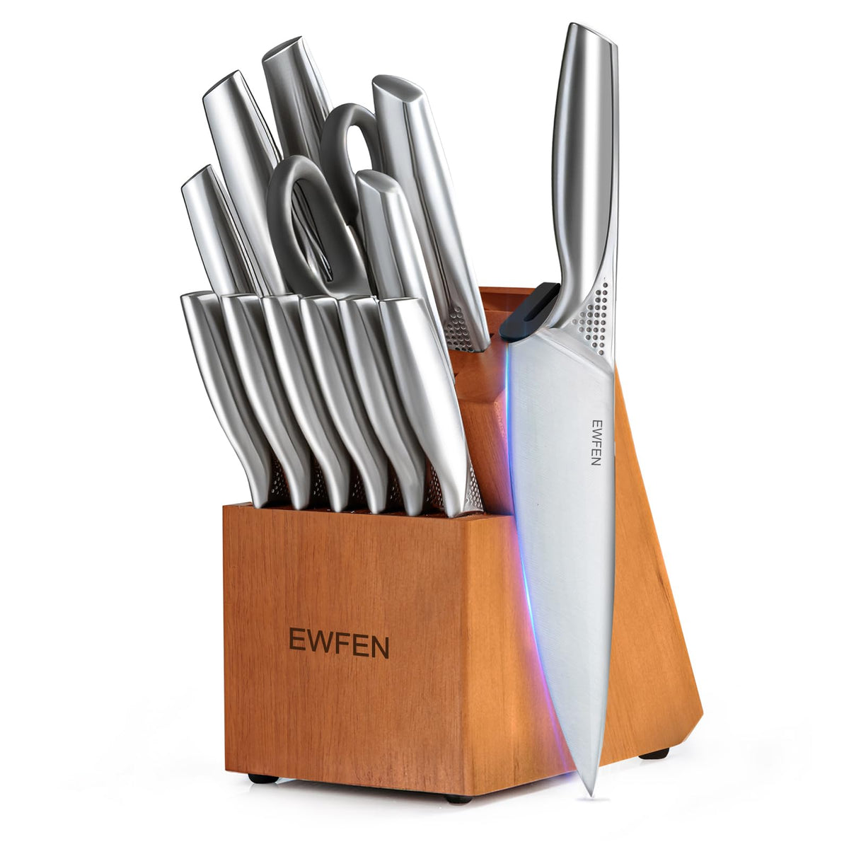 EWFEN knife set block with built-in sharpener for quick edge maintenance.