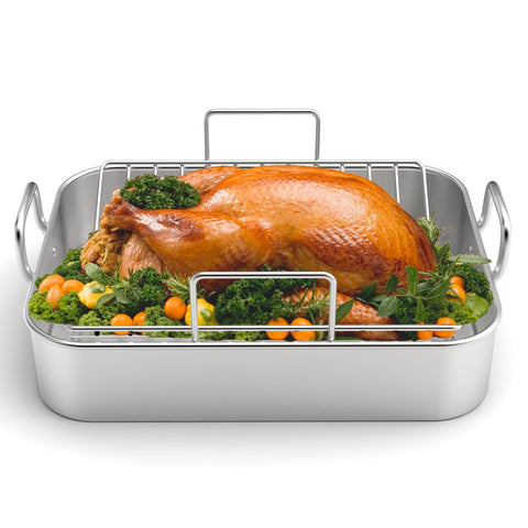 EWFEN Roasting Pan 17x13 inch with rack delivers even browning and versatile multi-layer cooking.