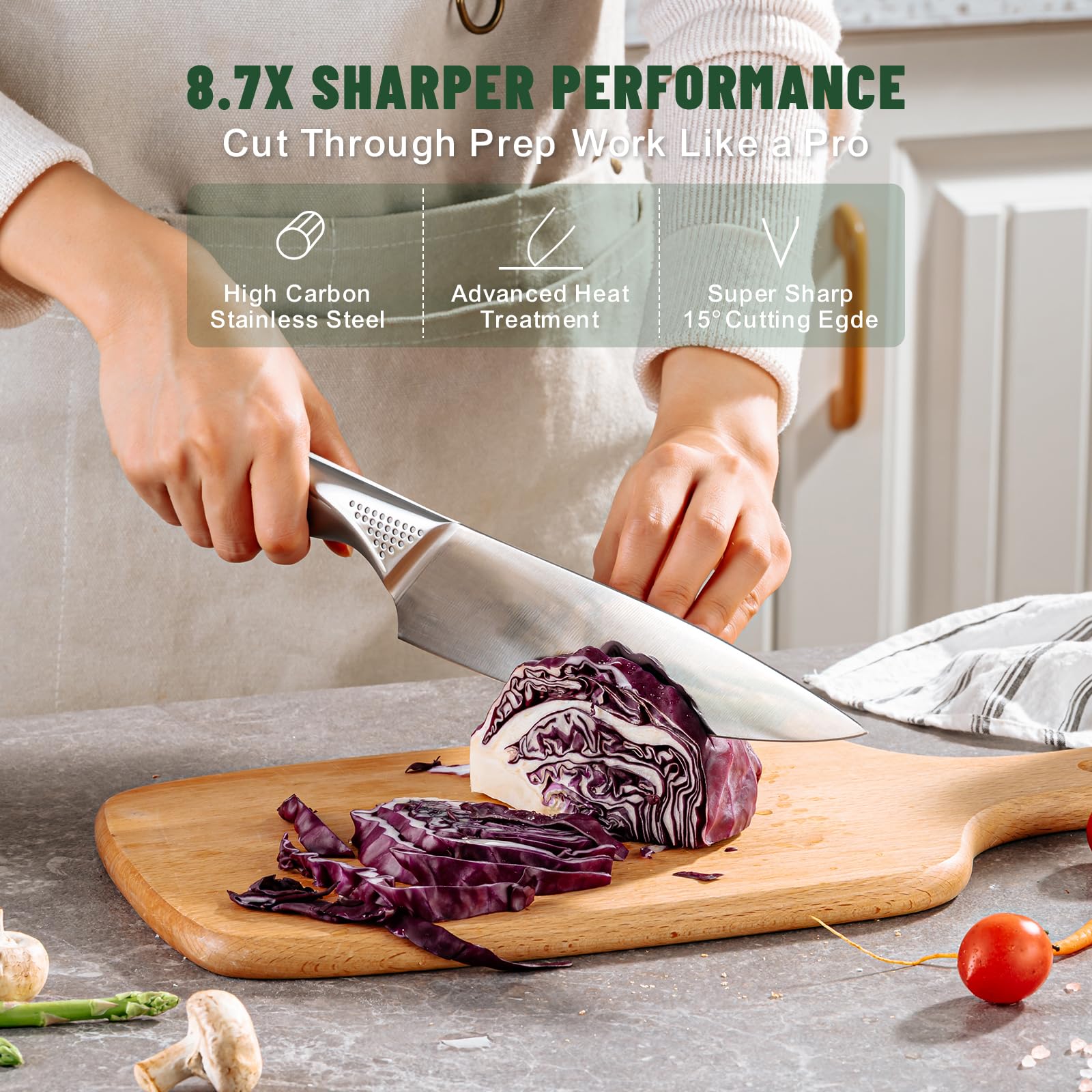 EWFEN 8-inch slicing knife ideal for juicy meats and vegetables.