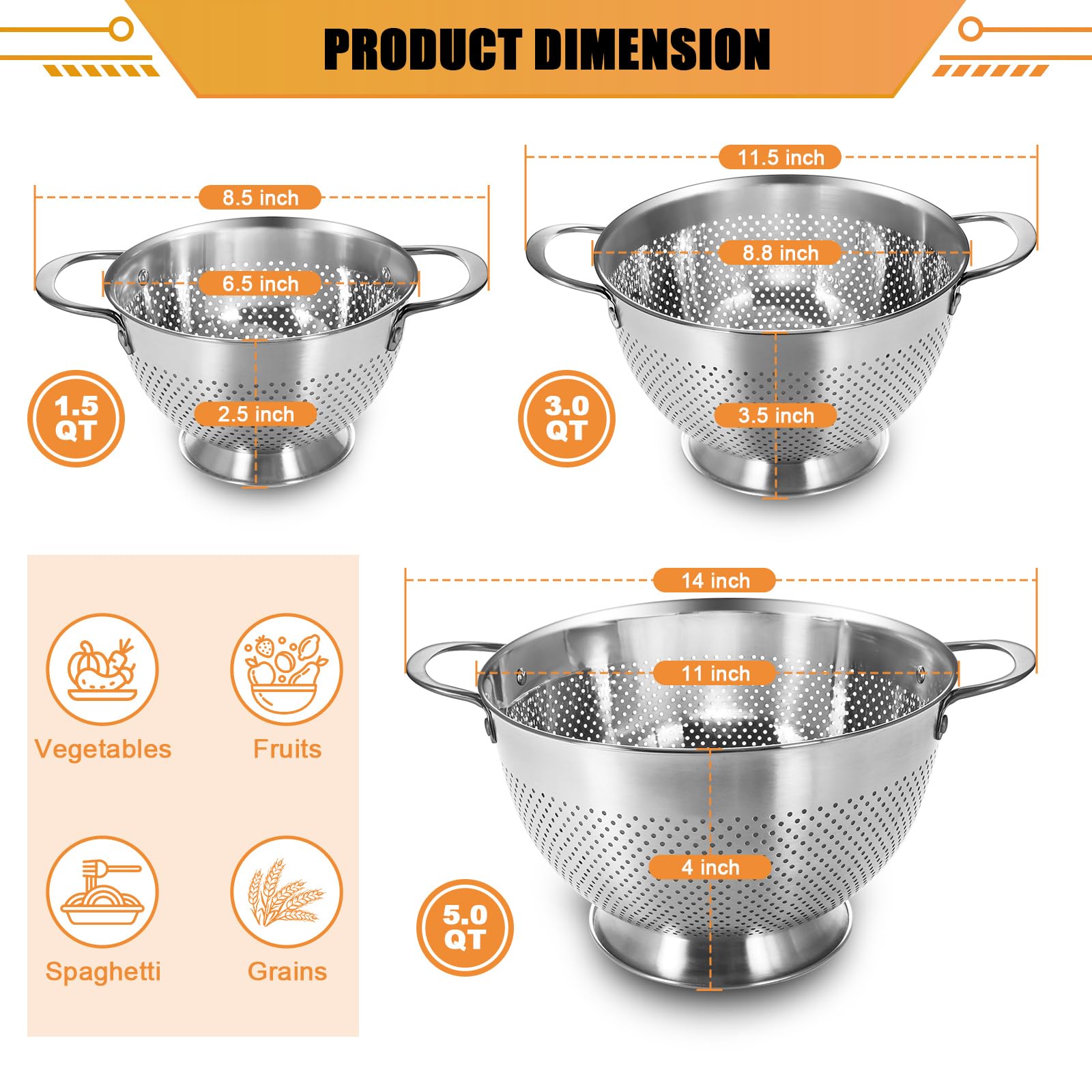 ewfen stainless steel colander set 3-quart for medium tasks and efficient rinsing.