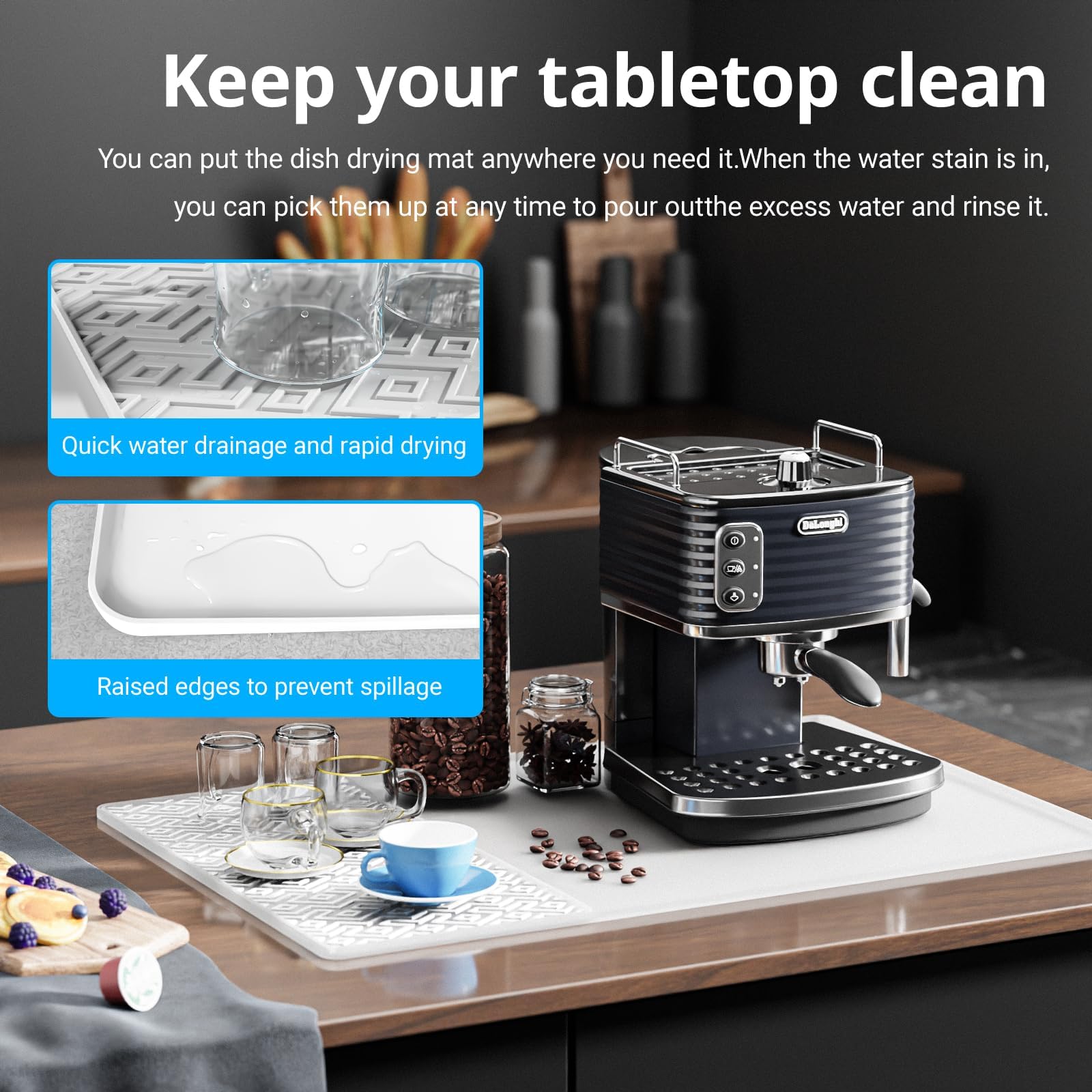 EWX raised edge contains spills to keep counters clean.