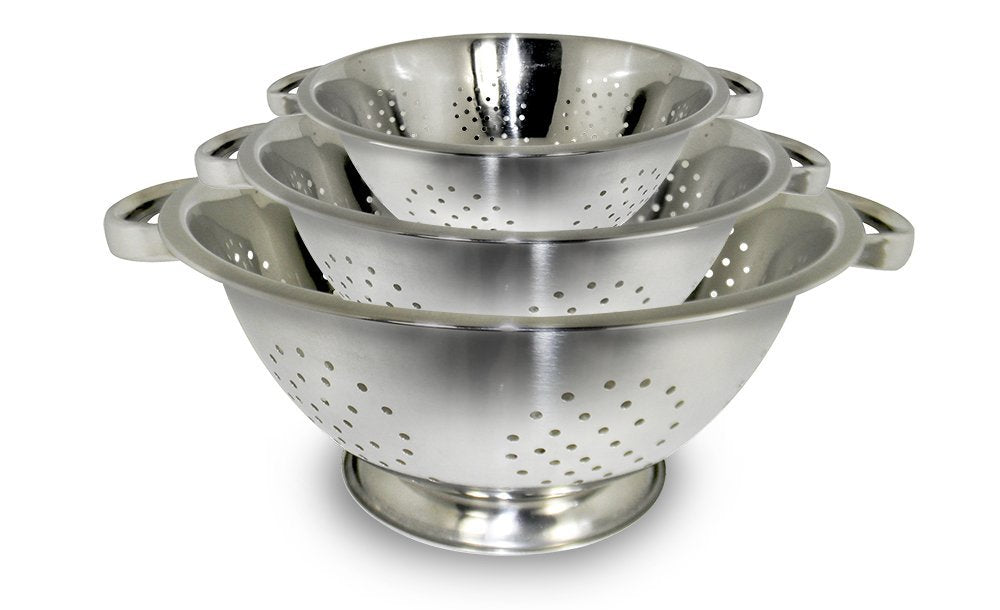 ExcelSteel colander with mirror-polished interior for easy draining and rinsing.