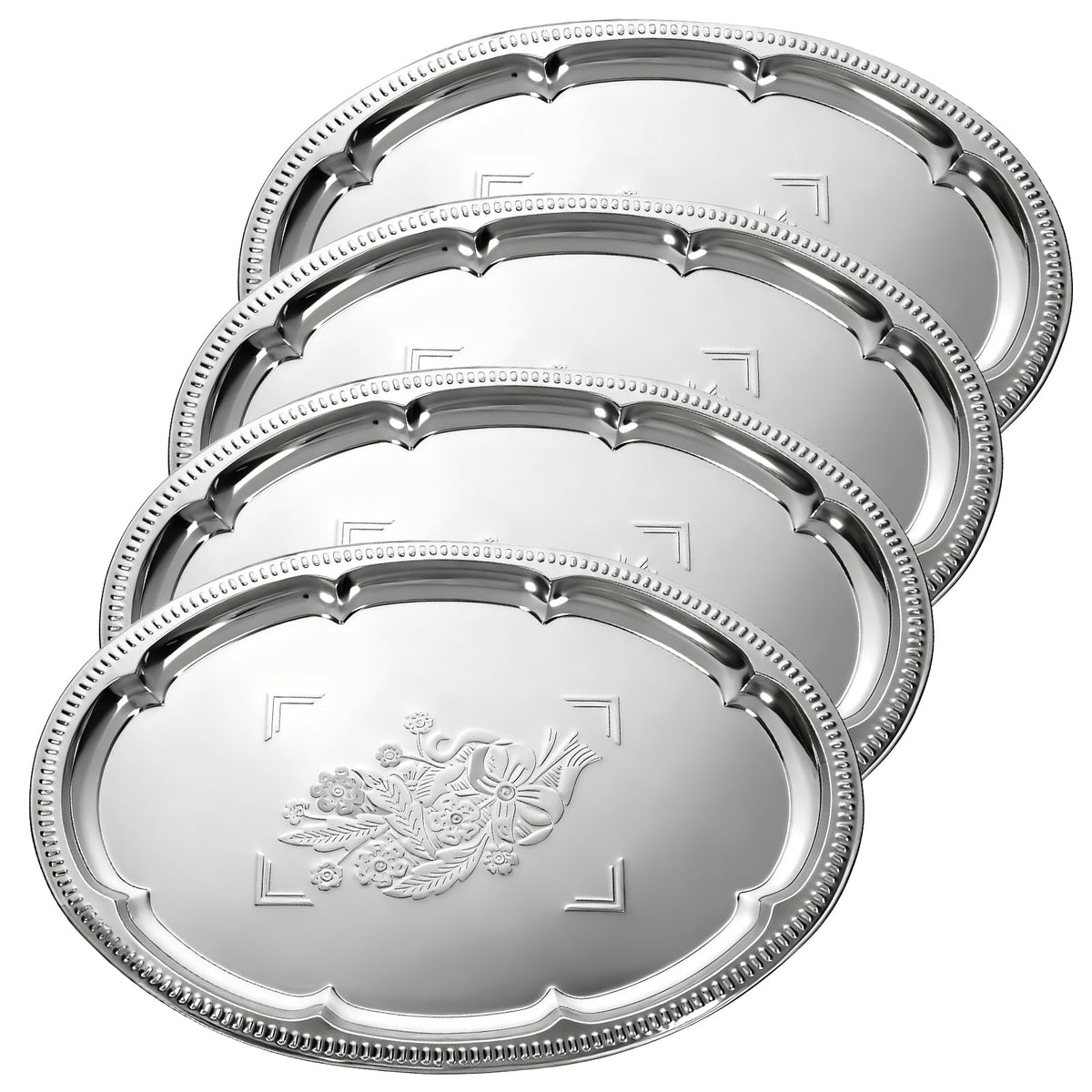 Exclaith 4pc silver serving tray set with oval engraving for elegant dining presentation