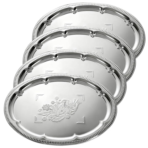 Exclaith 4pc silver serving tray set with oval engraving for elegant dining presentation