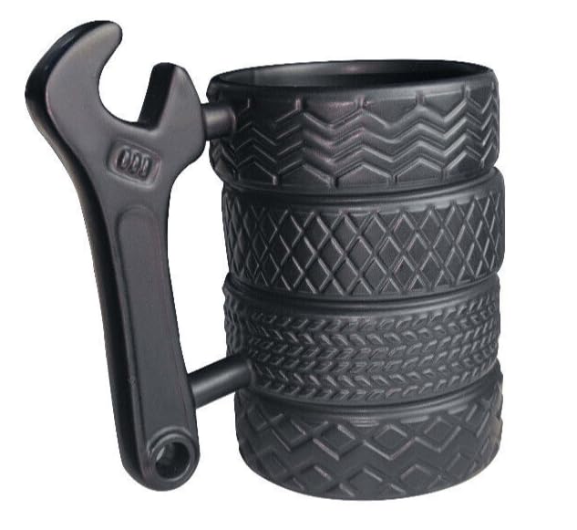 EXIGENT wrench-handle tire mug highlights automotive design for desk or workshop.