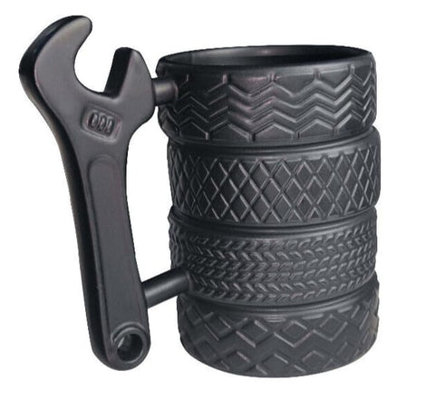 EXIGENT wrench-handle tire mug highlights automotive design for desk or workshop.