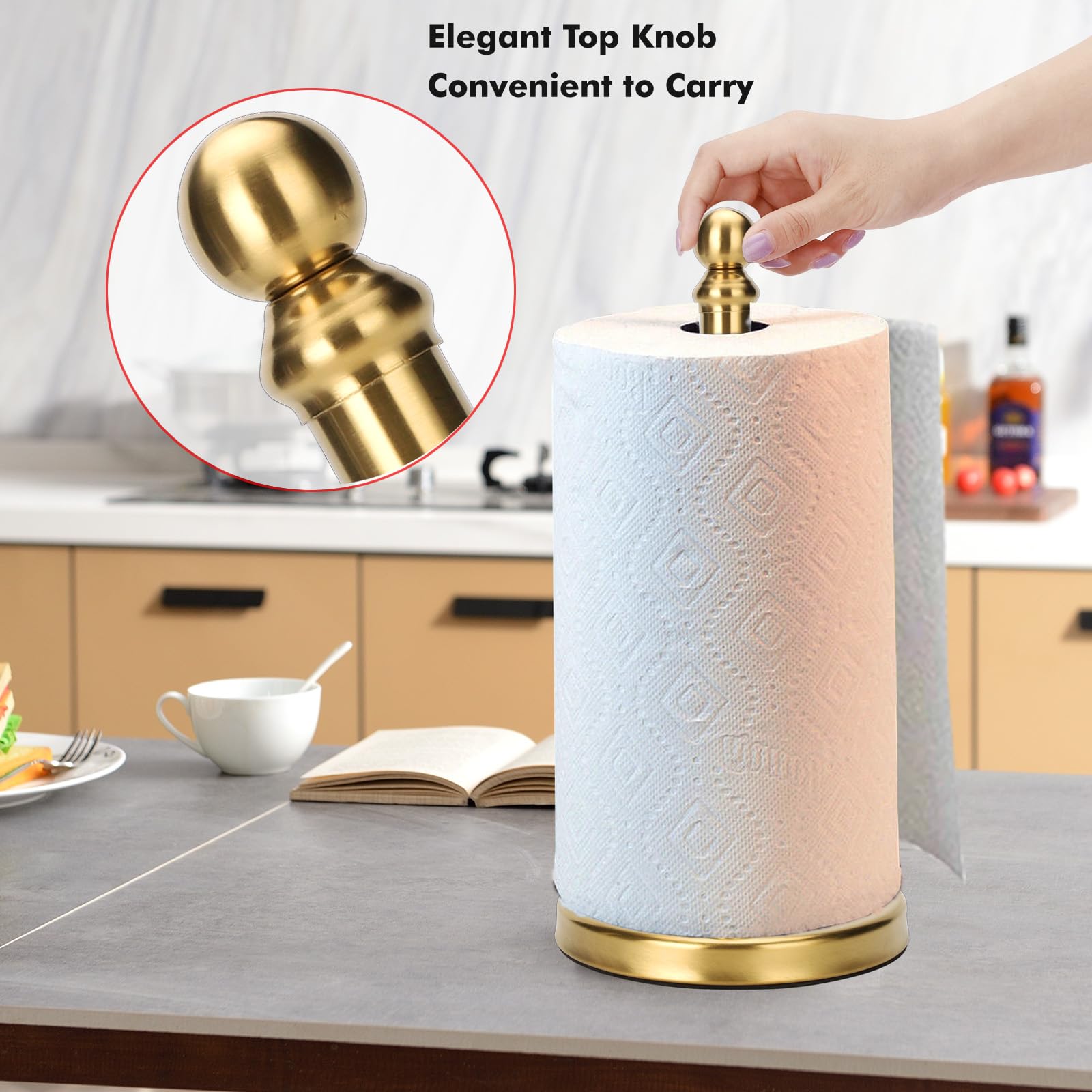 Exilon gold holder shows one-handed design for quick towel tearing