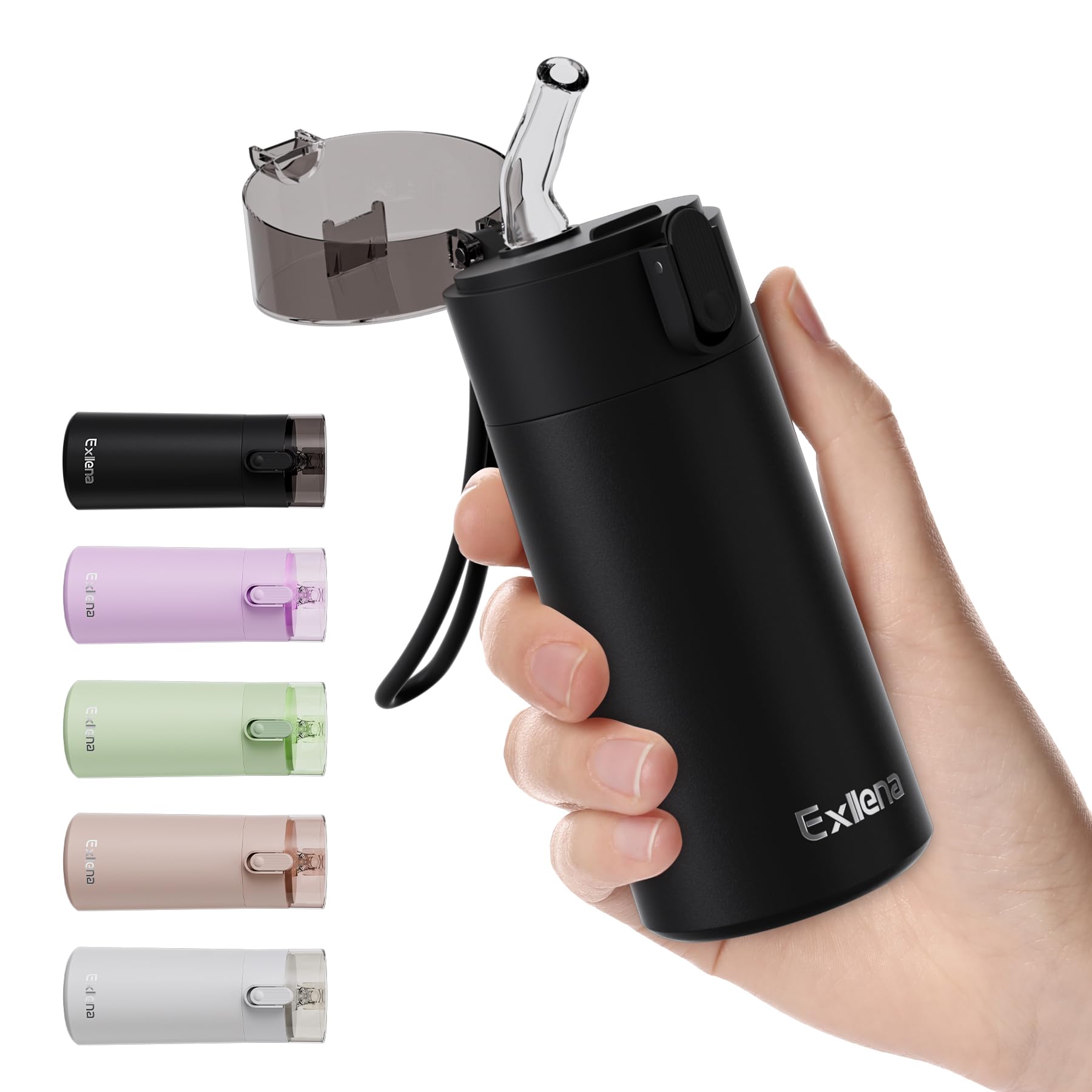 Exllena 5oz bottle with straw shows one-hand operation for quick sips on the go.