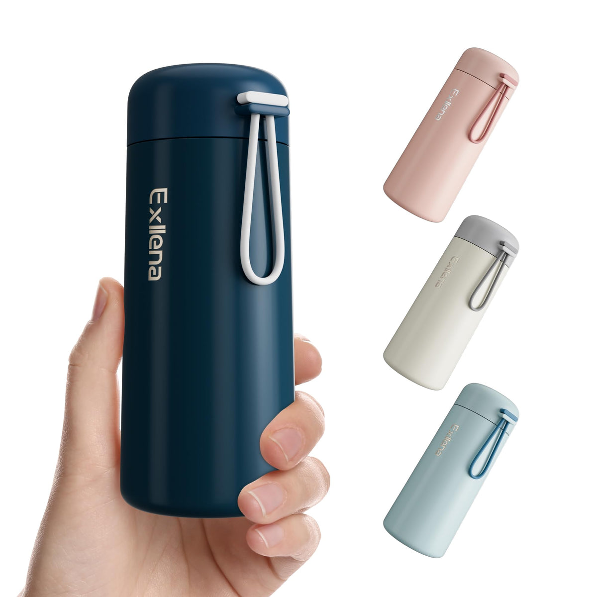 Exllena 8oz bottle in dark blue shows compact size for on-the-go hydration.