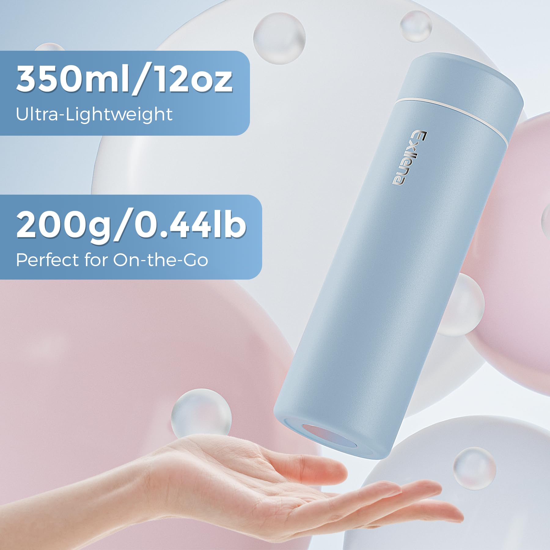 Exllena dual-layer insulation highlights the bottle's ability to maintain drink temperatures.