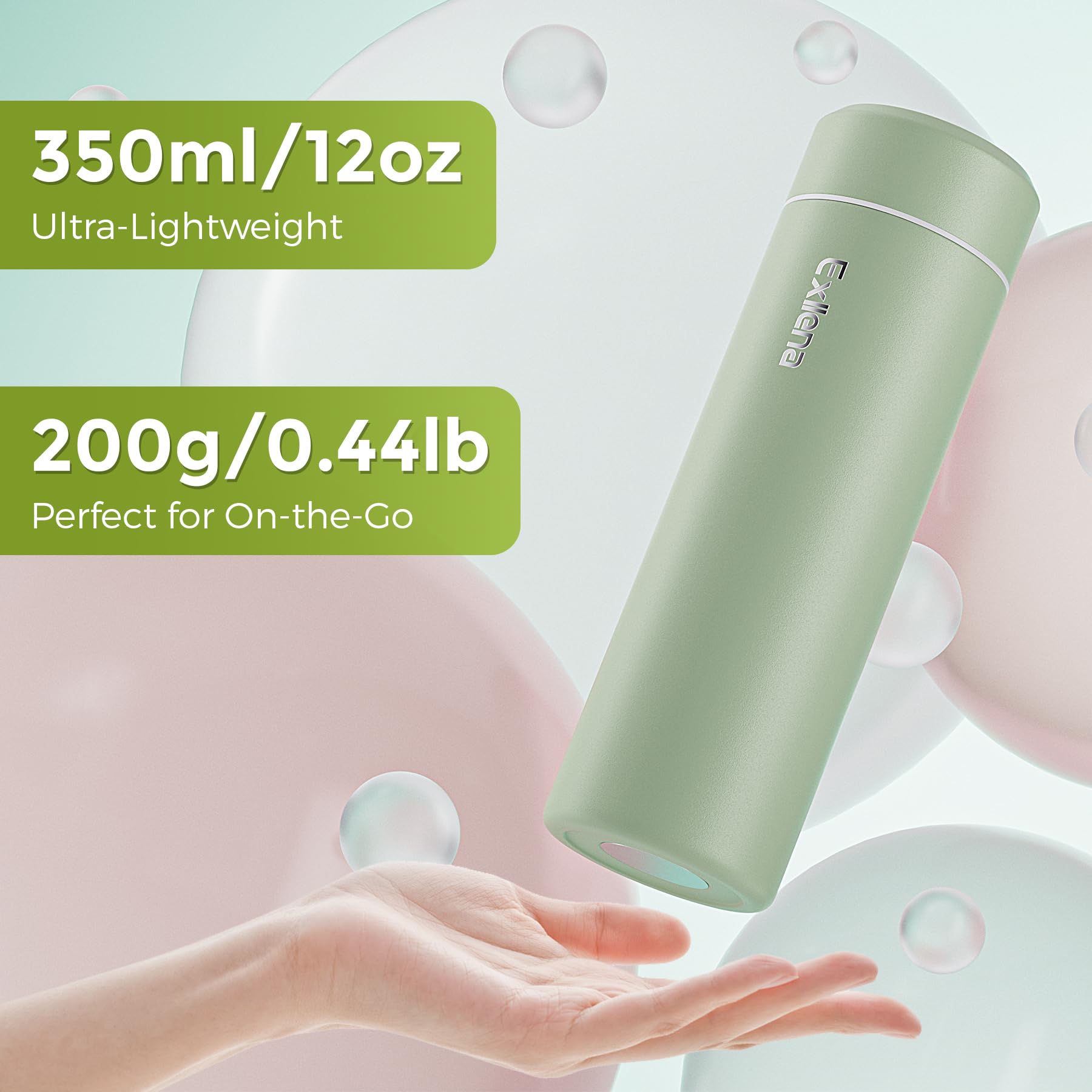Exllena mini insulated water bottle cap view showing leak-proof lid