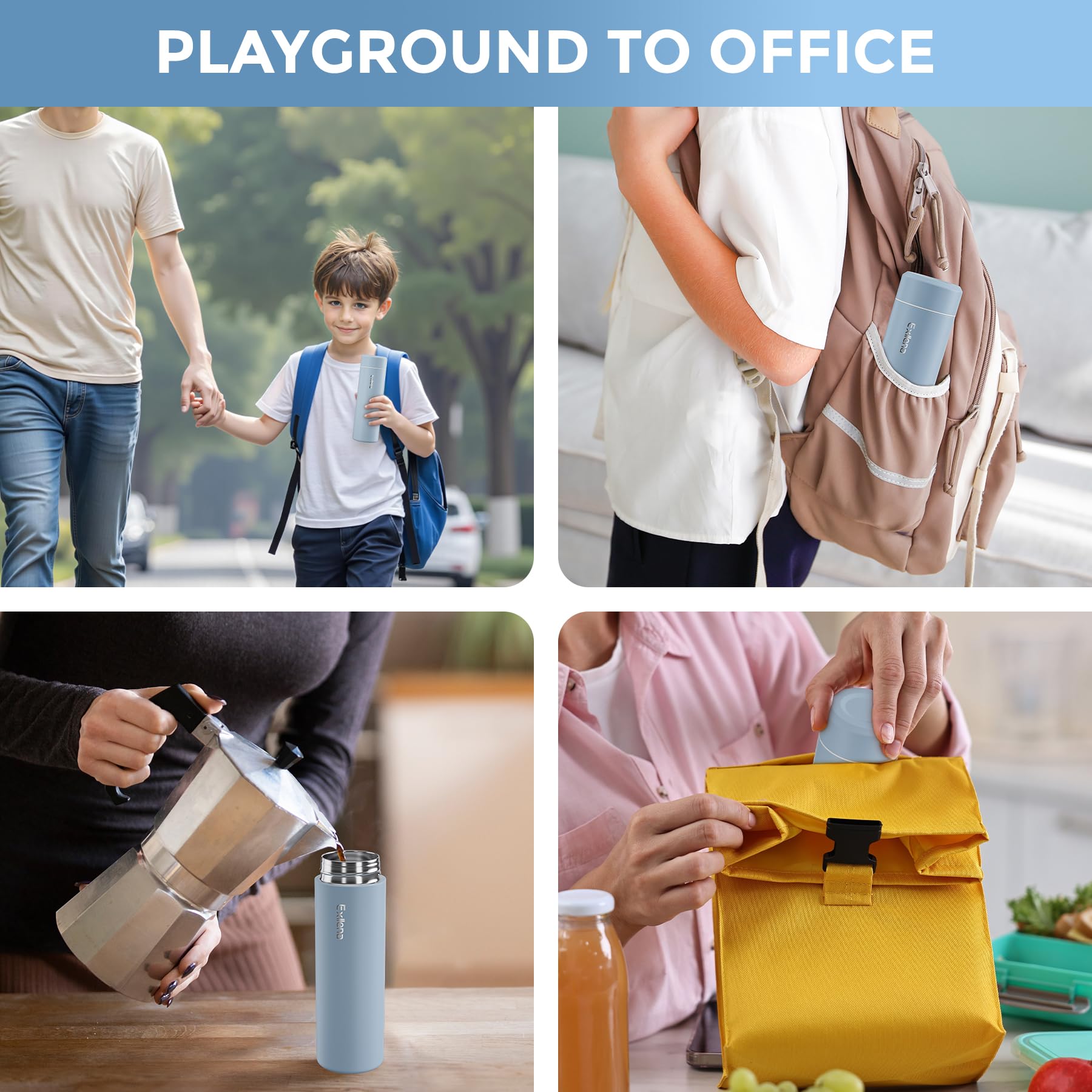 Exllena bottle on a desk suitable for office or commuting hydration.