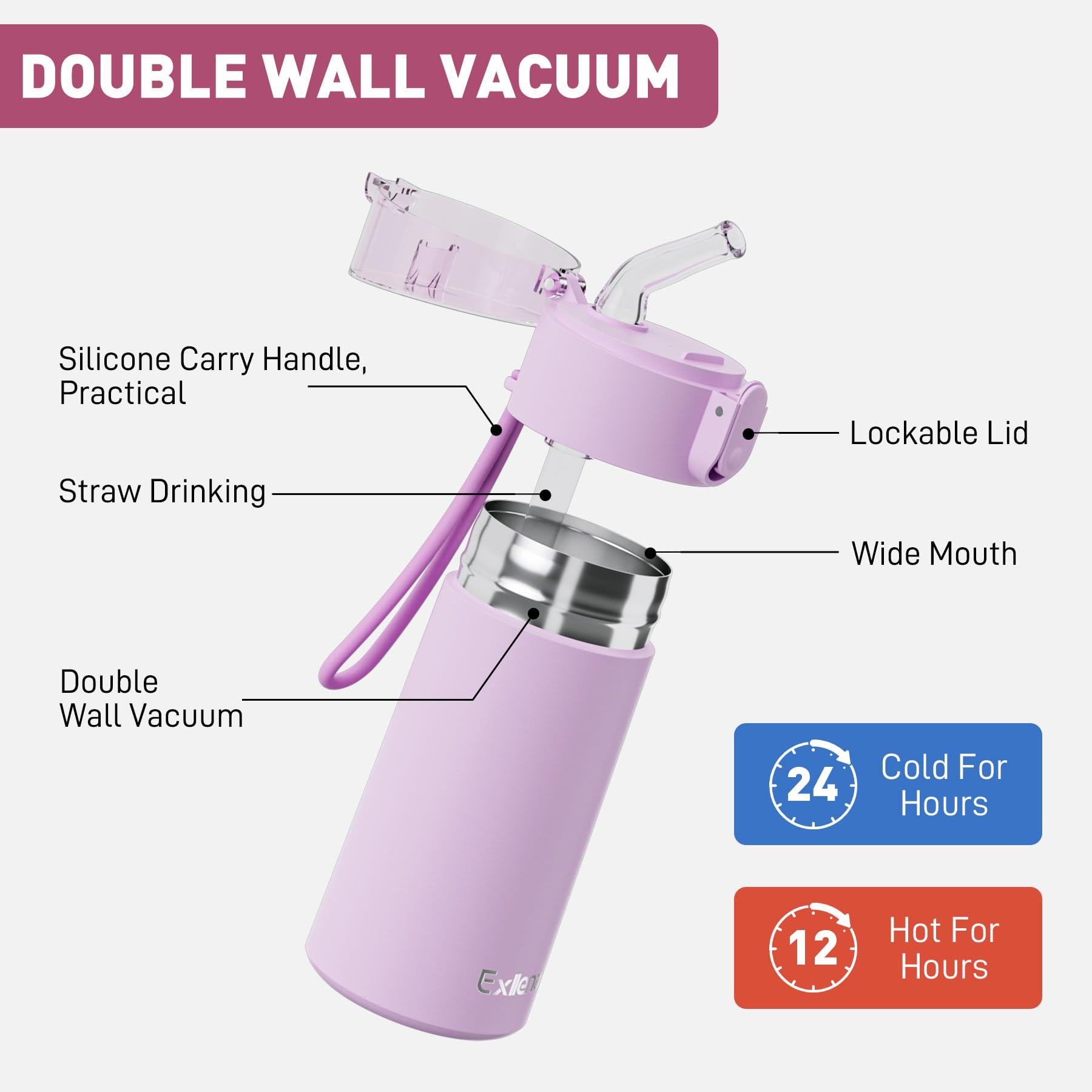 Exllena stainless steel insulated bottle keeps drinks hot or cold longer.