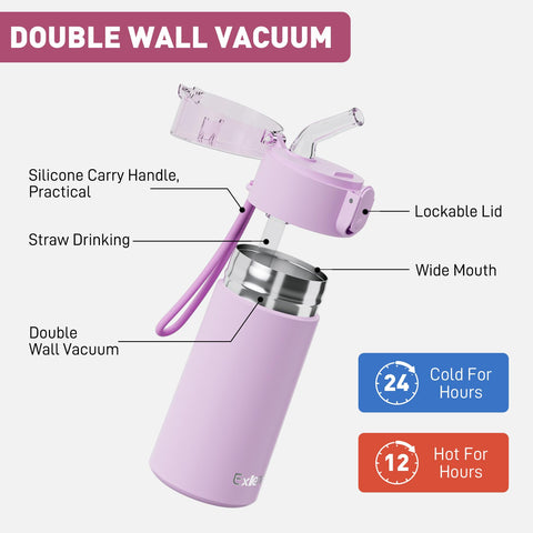 Exllena stainless steel insulated bottle keeps drinks hot or cold longer.