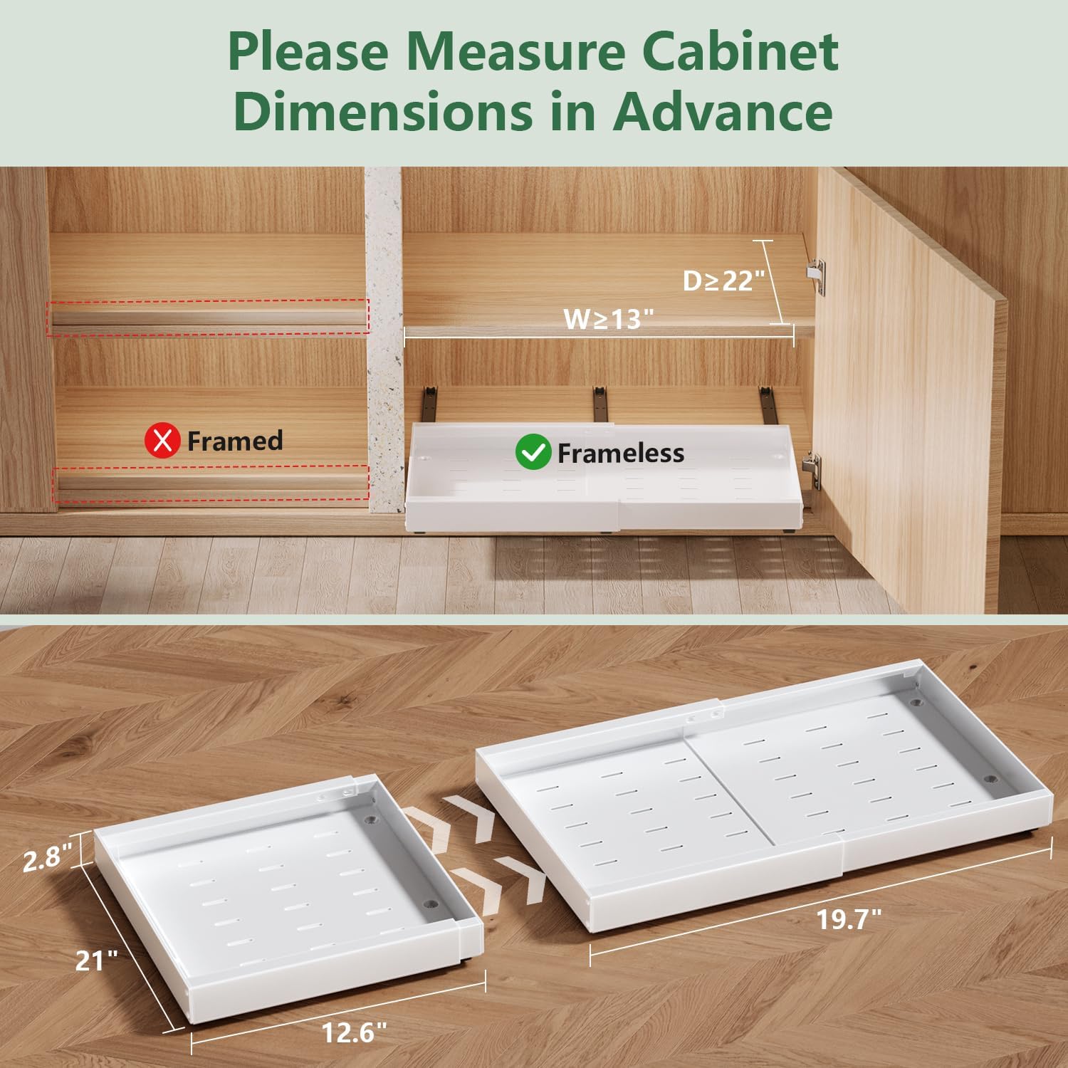 Expandable slide-out cabinet shelf with adhesive in white, offering flexible storage.