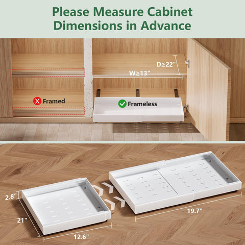 Expandable slide-out cabinet shelf with adhesive in white, offering flexible storage.