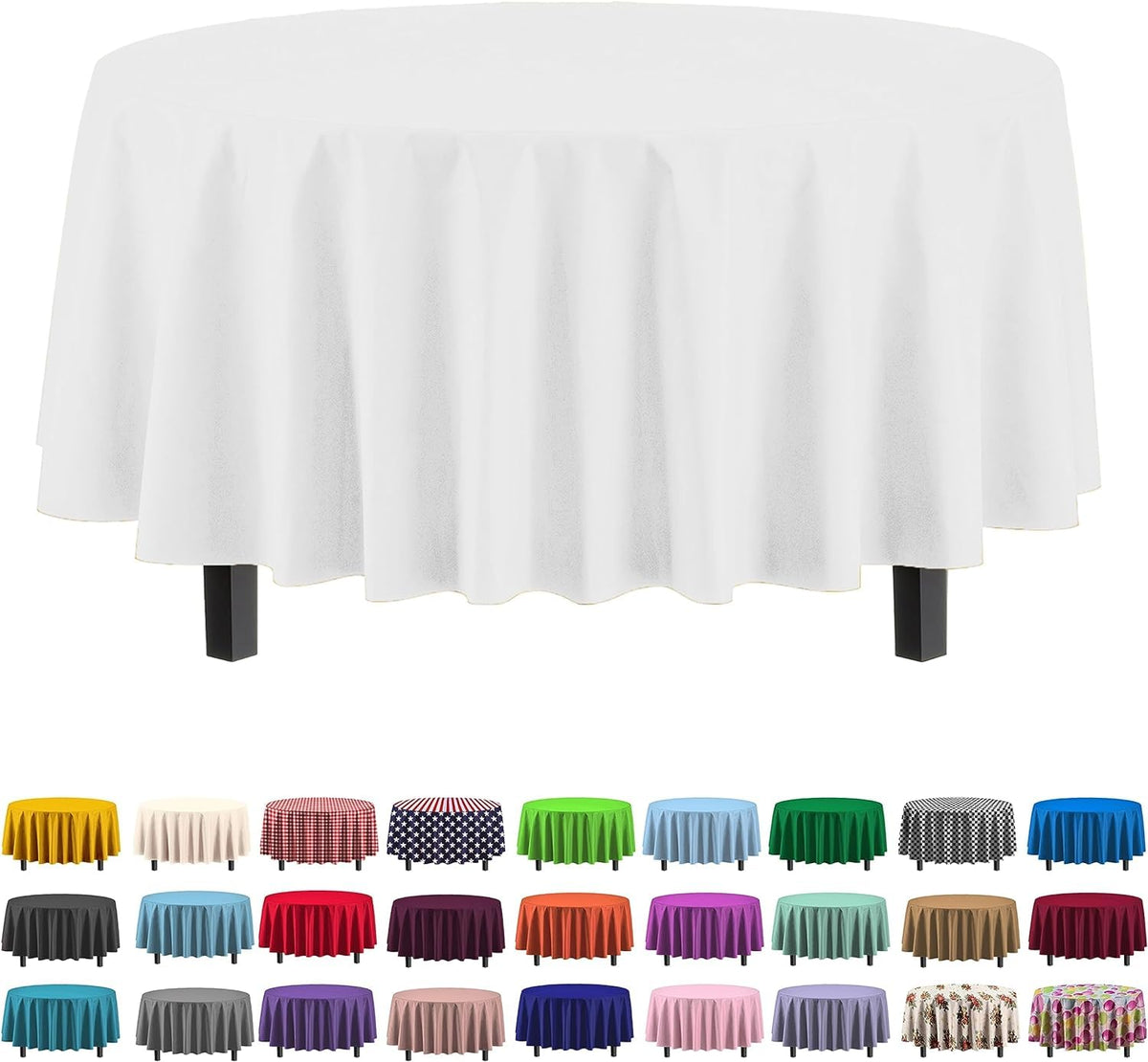 Exquisite 12-pack white round tablecloths cover tables up to seven feet.
