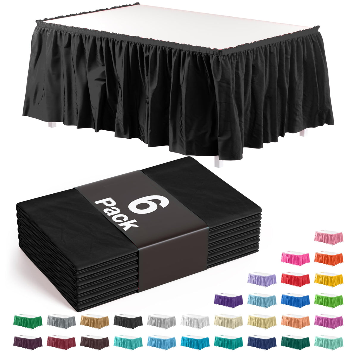 Exquisite black ruffle table skirt 14ft pack enhances coverage and elegance.
