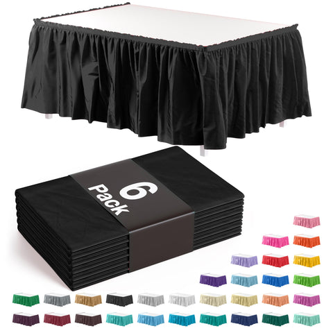 Exquisite black ruffle table skirt 14ft pack enhances coverage and elegance.