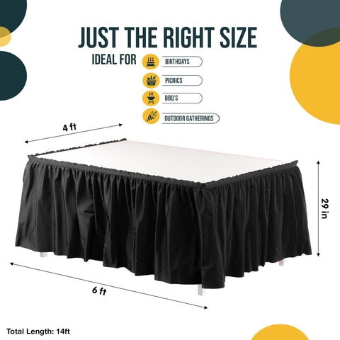Exquisite 14-foot table skirt provides neat coverage for large tables.