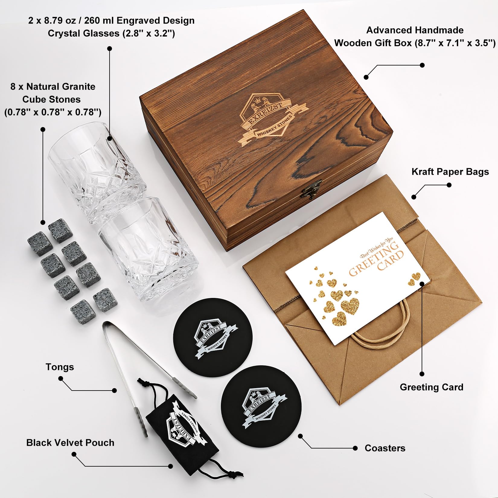 EXREIZST wooden gift box showcases the whiskey set as a stylish present