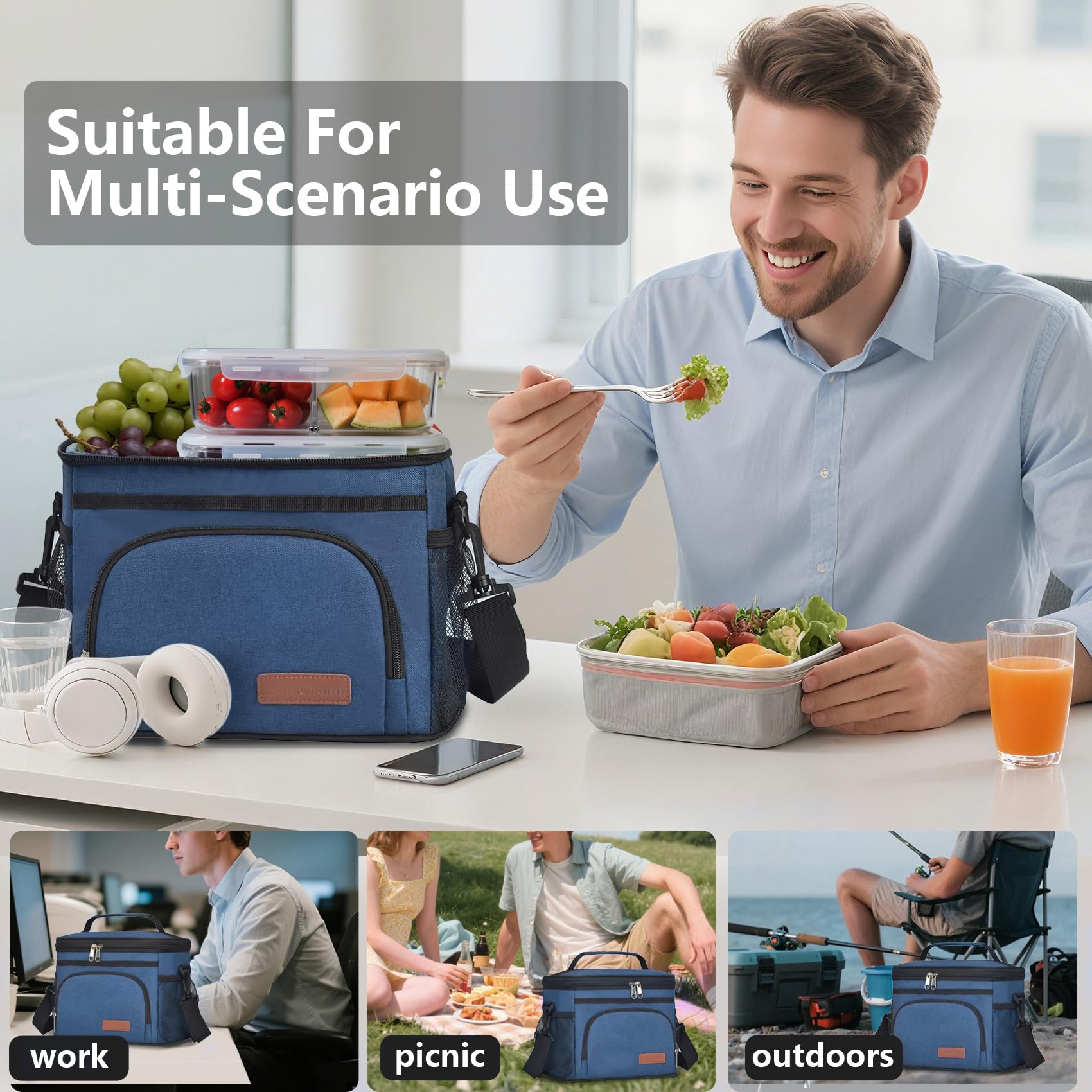 ExtraCharm insulated lunch bag blue capacity and pockets for all-day meals