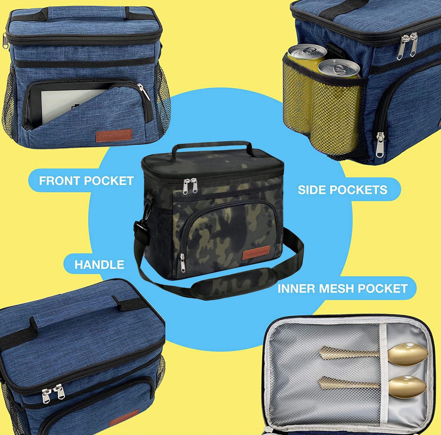 ExtraCharm lunch bag front pocket organizes keys and cards