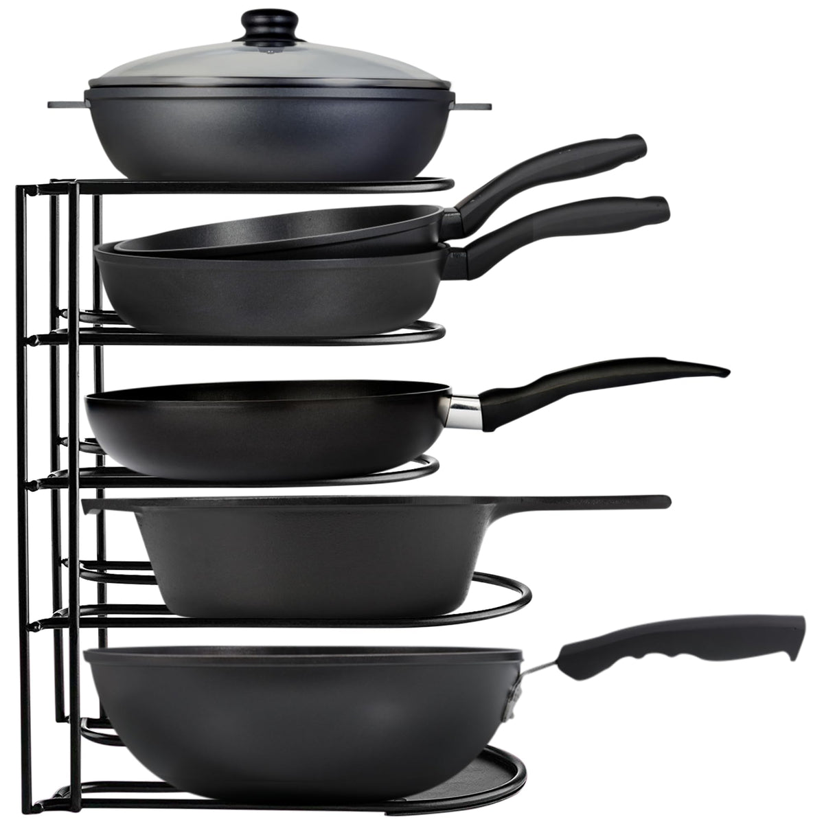 Extreme Matters heavy-duty pots-pans-organizer-5-tier keeps cookware organized on a sturdy rack.