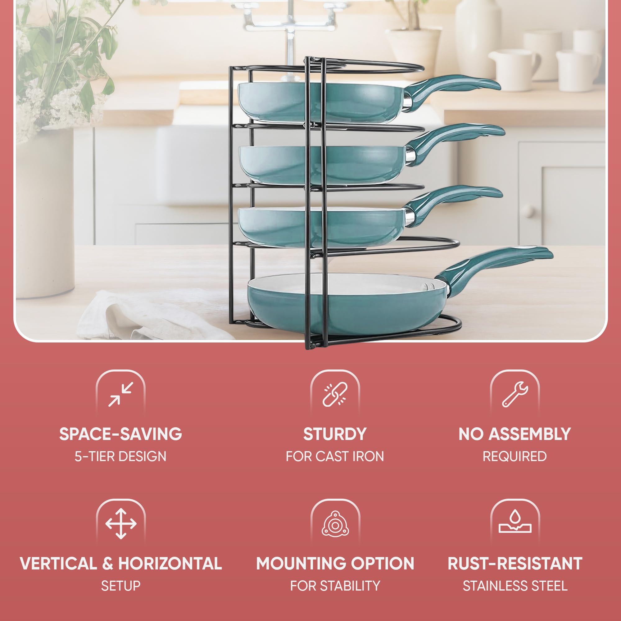 Under-cabinet use with Extreme Matters pan organizer frees countertop space.